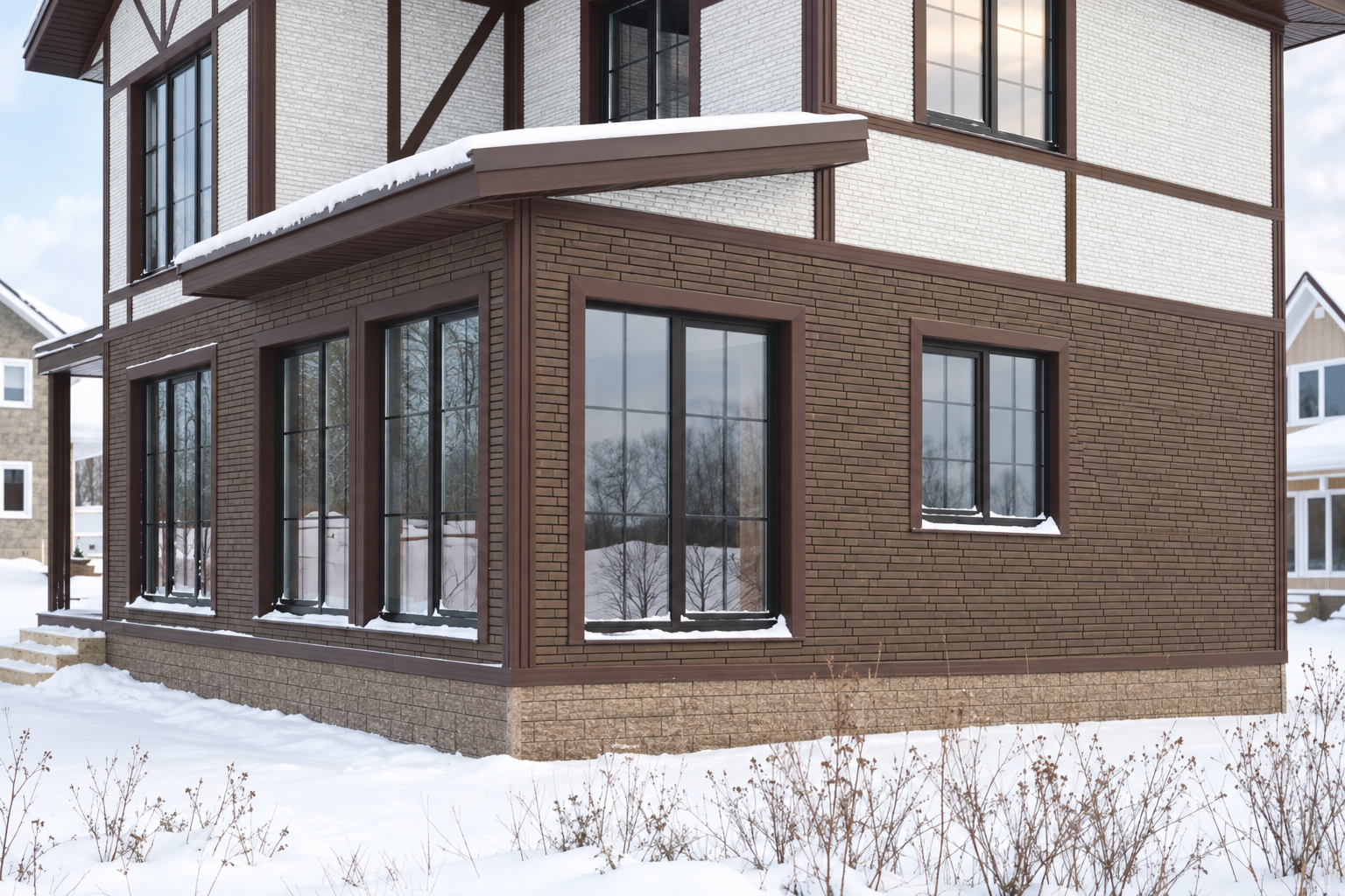 Первый этаж дома с фасадными панелями Ю-Пласт Stone House S-Lock Ригельный кирпич